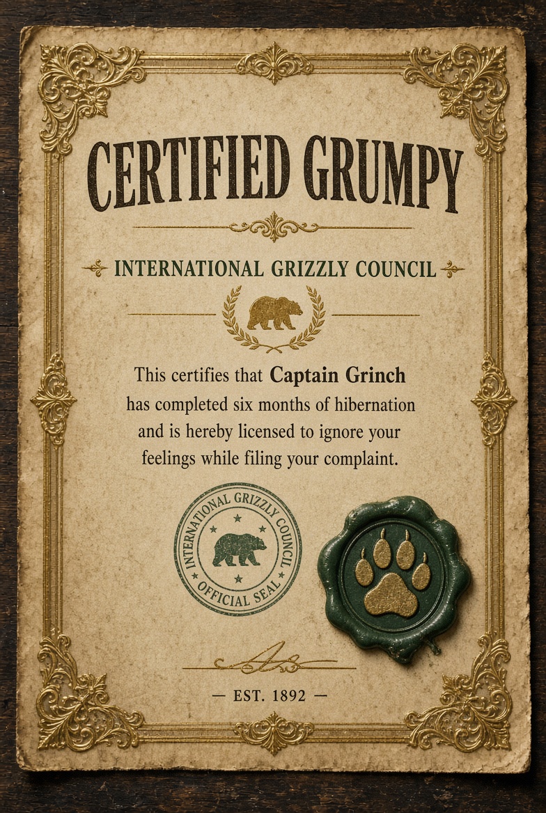 Certified Grumpy certificate from the International Grizzly Council