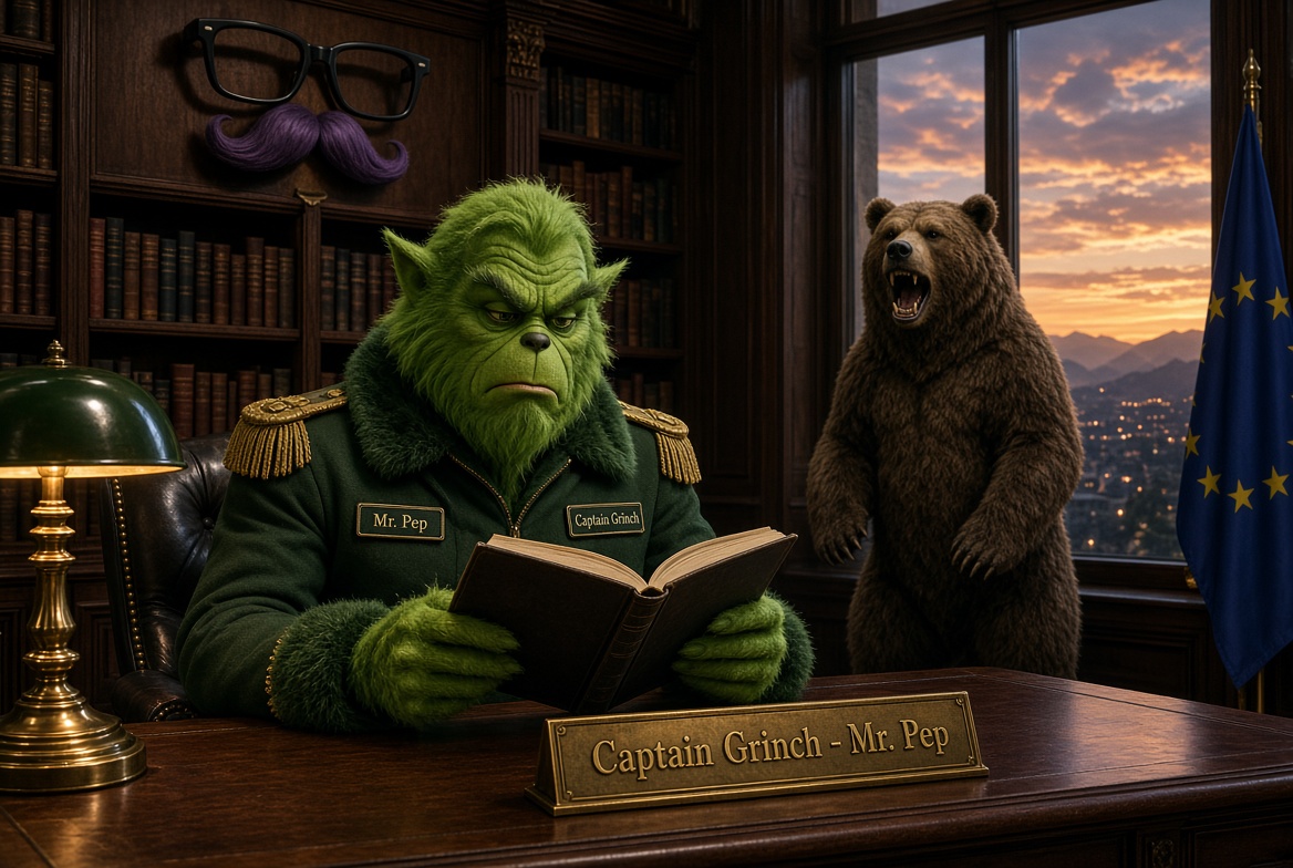 Captain Grinch at his desk reading a book, nameplate Captain Grinch - Mr. Pep, a roaring bear by the window