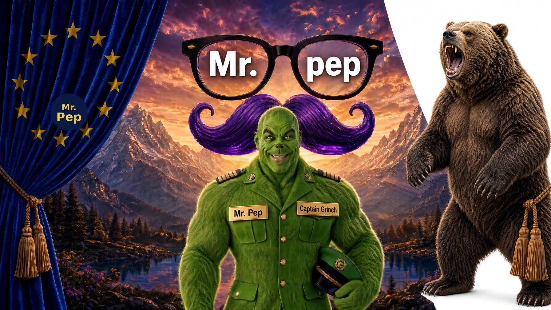 Captain Grinch of Mr. Pep, smiling in a green captain jacket under giant glasses that say Mr. Pep